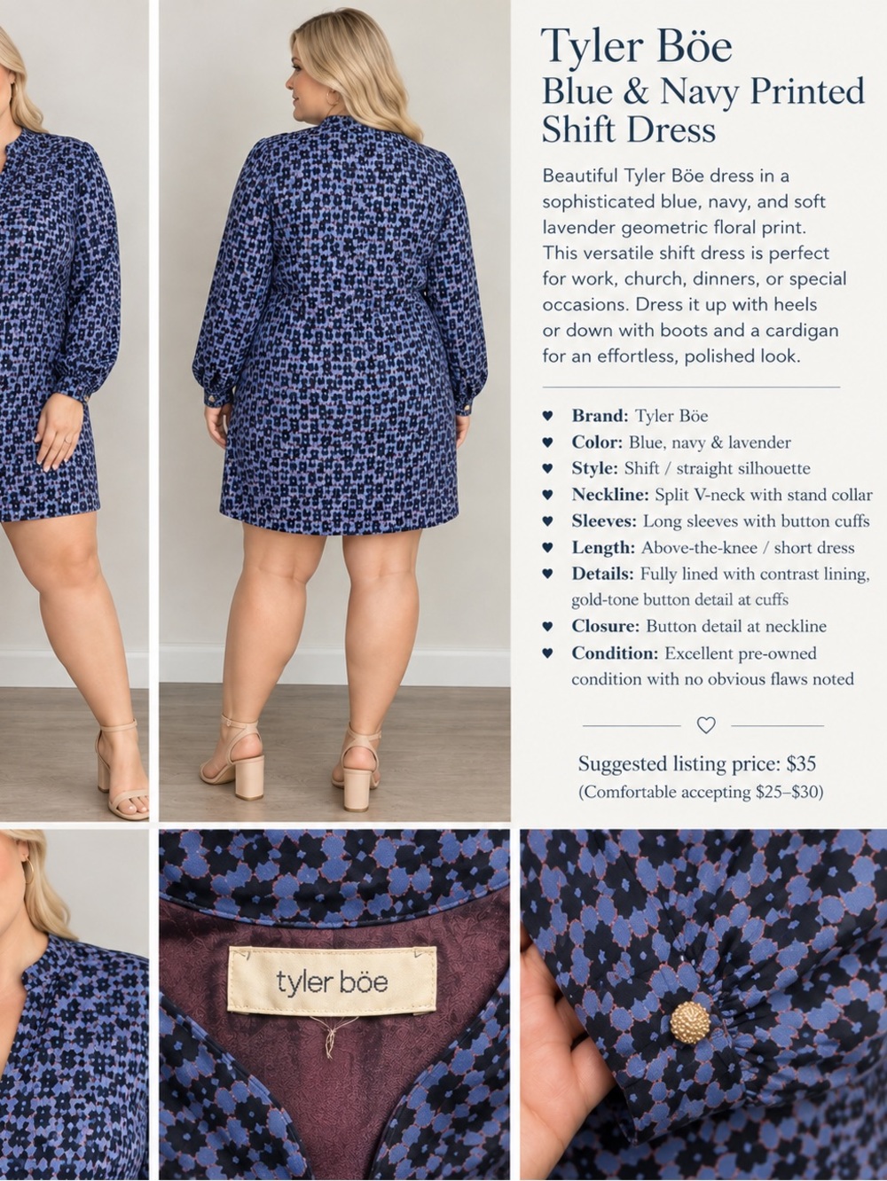 Tyler Boรซ Blue & Navy Printed Shift Dress large